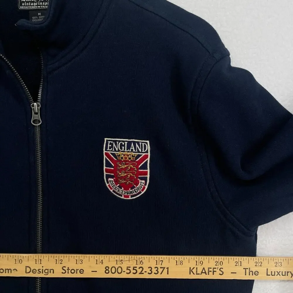 LUCKY BRAND Jacket Mens M ENGLAND 57 Crest Patch Track Terry Full Zip Blue Vtg